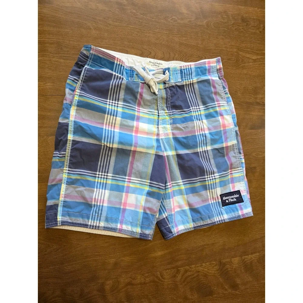 Abercrombie & Fitch Mens XL Blue Pink Plaid Board Shorts Swim Trunks Mesh Lined